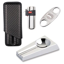 Atomic Deri Puro Kılıfı Metal Puro Küllüğü Çakmak Kesici Seti Krom - Atomic