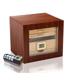 Cigarloong Camlı 3 Çekmeceli Puro Kutusu Ceviz 60's CigarSpa Elektronik Nemlendirme - CigarLoong