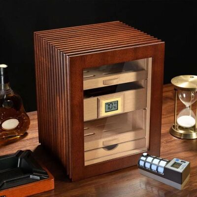 Cigarloong Camlı 3 Çekmeceli Puro Kutusu Ceviz 80's CigarSpa Elektronik Nemlendirme - 5