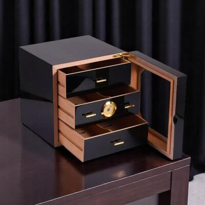 Cigarloong Camlı 3 Çekmeceli Puro Kutusu Humidor Siyah 60's - 2