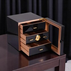 Cigarloong Camlı 3 Çekmeceli Puro Kutusu Humidor Siyah 60's - 2