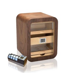 Cigarloong Camlı 5 Çekmeceli Puro Kutusu Humidor Ceviz 80's CigarSpa Elektronik Nemlendirme - CigarLoong