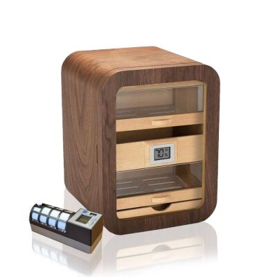 Cigarloong Camlı 5 Çekmeceli Puro Kutusu Humidor Ceviz 80's CigarSpa Elektronik Nemlendirme - 1