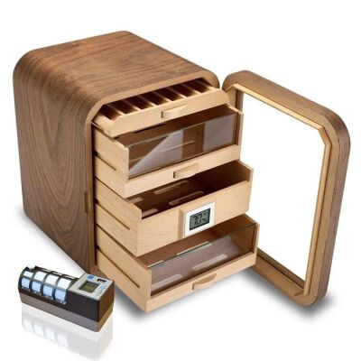 Cigarloong Camlı 5 Çekmeceli Puro Kutusu Humidor Ceviz 80's CigarSpa Elektronik Nemlendirme - 2