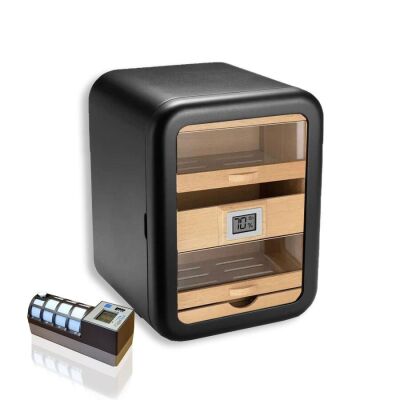 Cigarloong Camlı 5 Çekmeceli Puro Kutusu Humidor Siyah 80's CigarSpa Elektronik Nemlendirme - 1