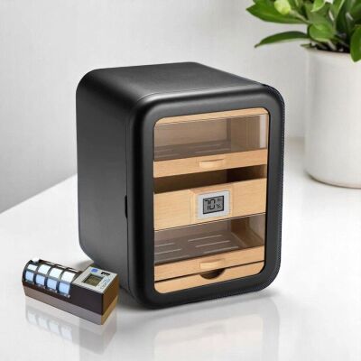 Cigarloong Camlı 5 Çekmeceli Puro Kutusu Humidor Siyah 80's CigarSpa Elektronik Nemlendirme - 3