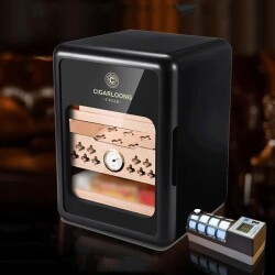 Cigarloong Camlı Işıklı Çekmeceli Puro Kutusu Humidor Siyah 80's CigarSpa Elektronik Nemlendirme - CigarLoong (1)