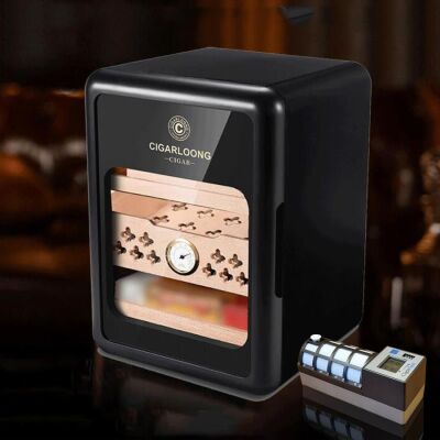 Cigarloong Camlı Işıklı Çekmeceli Puro Kutusu Humidor Siyah 80's CigarSpa Elektronik Nemlendirme - 2