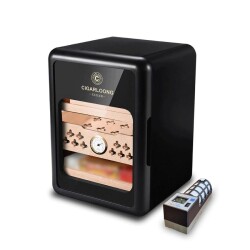 Cigarloong Camlı Işıklı Çekmeceli Puro Kutusu Humidor Siyah 80's CigarSpa Elektronik Nemlendirme - CigarLoong