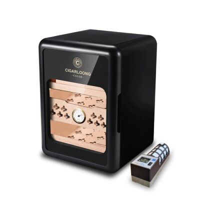 Cigarloong Camlı Işıklı Çekmeceli Puro Kutusu Humidor Siyah 80's CigarSpa Elektronik Nemlendirme - 1