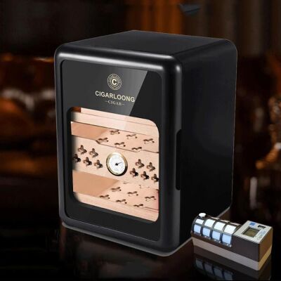 Cigarloong Camlı Işıklı Çekmeceli Puro Kutusu Humidor Siyah 80's CigarSpa Elektronik Nemlendirme - 2