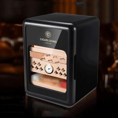 Cigarloong Camlı Işıklı Çekmeceli Puro Kutusu Humidor Siyah 80's - 2