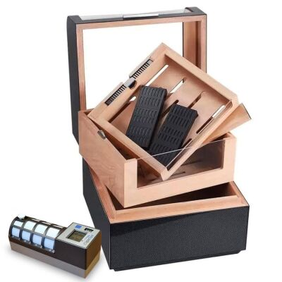 Cigarloong Karbon Desen Camlı Katlı Humidor Puro Kutusu 150s CigarSpa Elektronik Nemlendirme - 3