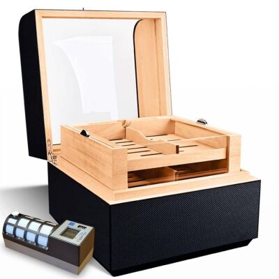 Cigarloong Karbon Desen Camlı Katlı Humidor Puro Kutusu 150s CigarSpa Elektronik Nemlendirme - 2