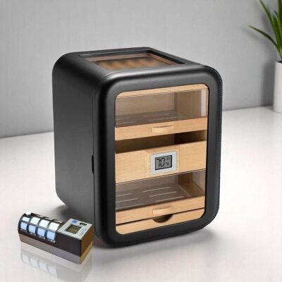 Cigarloong Skylight Camlı 5 Çekmeceli Puro Kutusu Siyah 80's CigarSpa Elektronik Nemlendirme - 2