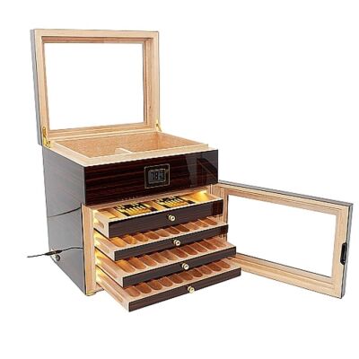Cigarspa Elektronik Nemlendiricili Camlı 4 Çekmeceli Işıklı Puro Kutusu Abanoz 100's - 4