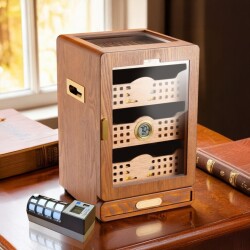 Cigarspa Elektronik Nemlendiricili Camlı 4 Çekmeceli Puro Kutusu Humidor Ceviz - CigarLoong (1)