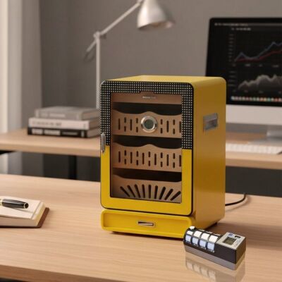 Cigarspa Elektronik Nemlendiricili Camlı 4 Çekmeceli Puro Kutusu Humidor Sarı - 3