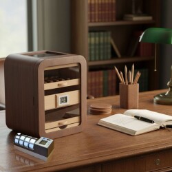 Cigarspa Elektronik Nemlendiricili Camlı 5 Çekmeceli Puro Kutusu Humidor Skylight Ceviz - CigarLoong (1)