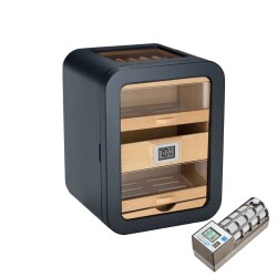Cigarspa Elektronik Nemlendiricili Camlı 5 Çekmeceli Puro Kutusu Humidor Skylight Karbon Desen - CigarLoong