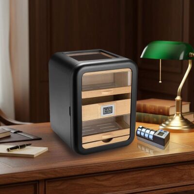 Cigarspa Elektronik Nemlendiricili Camlı 5 Çekmeceli Puro Kutusu Humidor Skylight Siyah - 2