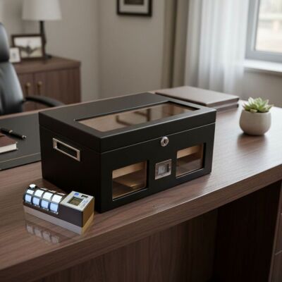Cigarspa Elektronik Nemlendiricili Camlı Puro Kutusu Humidor Mat Siyah - 2
