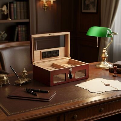 Cigarspa Elektronik Nemlendiricili Camlı Puro Kutusu Humidor Maun - 3