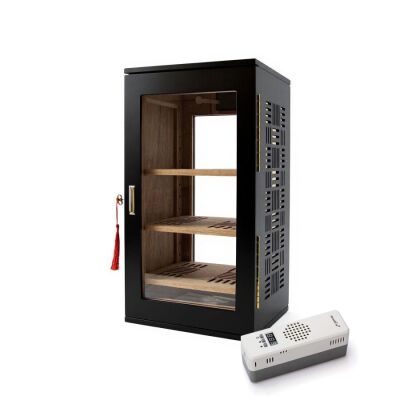 Elektronik Nemlendiricili 3 Raflı Puro Kutusu Humidor Gold Mat Siyah - 1