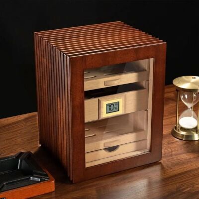 Elektronik Nemlendiricili Camlı 3 Çekmeceli Puro Kutusu Humidor Ceviz - 2