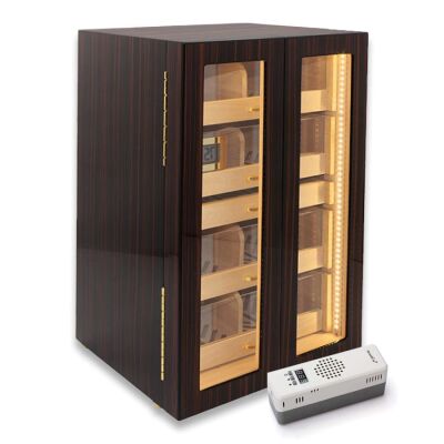 Elektronik Nemlendiricili Camlı 4 Çekmeceli Işıklı Puro Kutusu Humidor Abanoz 200's - 1