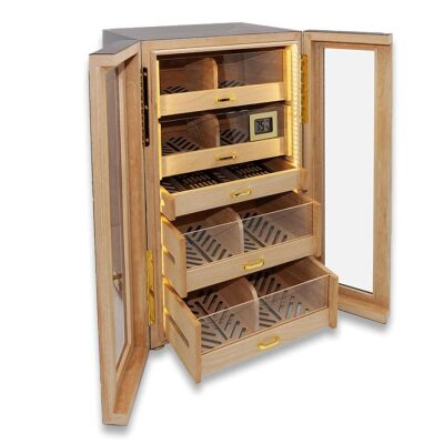 Elektronik Nemlendiricili Camlı 4 Çekmeceli Işıklı Puro Kutusu Humidor Abanoz 200's - 4
