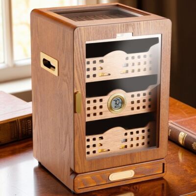 Elektronik Nemlendiricili Camlı 4 Çekmeceli Puro Kutusu Humidor Ceviz - 2