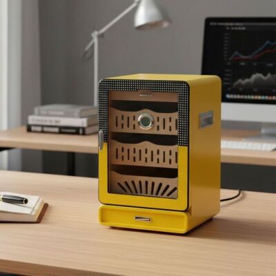 Elektronik Nemlendiricili Camlı 4 Çekmeceli Puro Kutusu Humidor Sarı - 2