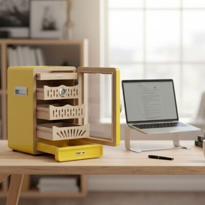 Elektronik Nemlendiricili Camlı 4 Çekmeceli Puro Kutusu Humidor Sarı - 4