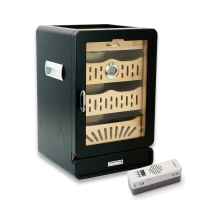 Elektronik Nemlendiricili Camlı 4 Çekmeceli Puro Kutusu Humidor Siyah - 1