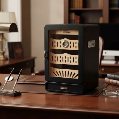 Elektronik Nemlendiricili Camlı 4 Çekmeceli Puro Kutusu Humidor Siyah - 2