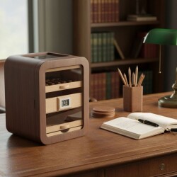 Elektronik Nemlendiricili Camlı 5 Çekmeceli Puro Kutusu Humidor Skylight Ceviz - 2