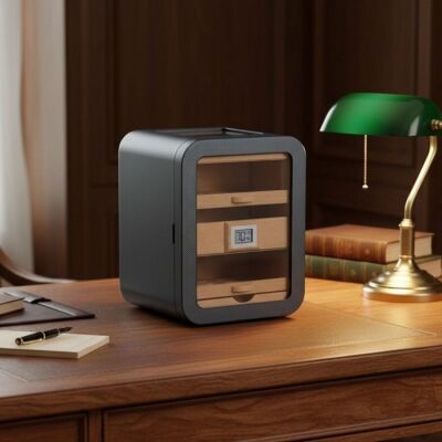 Elektronik Nemlendiricili Camlı 5 Çekmeceli Puro Kutusu Humidor Skylight Karbon Desen - 2