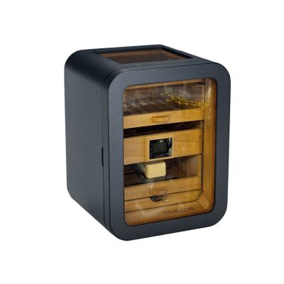 Elektronik Nemlendiricili Camlı 5 Çekmeceli Puro Kutusu Humidor Skylight Karbon Desen - 3