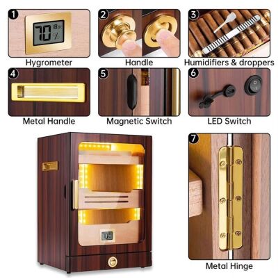 Elektronik Nemlendiricili Camlı Işıklı Puro Kutusu Humidor Ceviz - 4