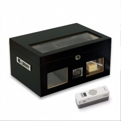 Elektronik Nemlendiricili Camlı Puro Kutusu Humidor Mat Siyah - CigarLoong