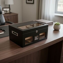 Elektronik Nemlendiricili Camlı Puro Kutusu Humidor Mat Siyah - CigarLoong (1)