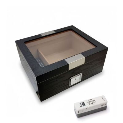 Elektronik Nemlendiricili Camlı Puro Kutusu Humidor Metal Siyah - 1