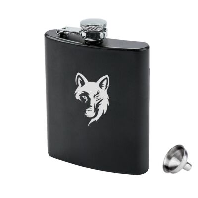 Mat Siyah Paslanmaz Çelik Cep İcki Matarası 8oz 240ml Kurt - 1