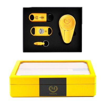 Myon Camlı Mini Humidor Puro Kutusu Sarı 20's 4'lü Puro Aksesuar Seti - 1