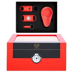 Myon Camlı Sedir Humidor Puro Kutusu Lake Kırmızı 60's 4'lü Puro Aksesuar Seti - Myon Paris