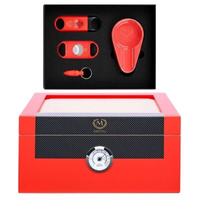Myon Camlı Sedir Humidor Puro Kutusu Lake Kırmızı 60's 4'lü Puro Aksesuar Seti - 1