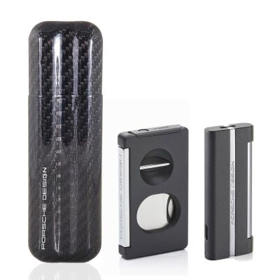 Porsche Design Karbon Fiber Puro Kılıfı 2li Double Kesici ve Jet Puro Çakmak Seti Grey P3626-3644 - 1