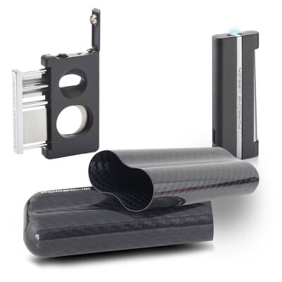 Porsche Design Karbon Fiber Puro Kılıfı 2li Double Kesici ve Jet Puro Çakmak Seti Grey P3626-3644 - 2