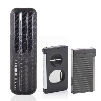 Porsche Design Karbon Fiber Puro Kılıfı 2li Double Kesici ve Jet Puro Çakmak Seti Grey P3626-3647-16116 - 1